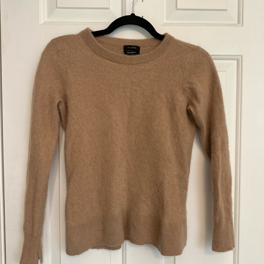 Halogen Warm Tan 100% Cashmere Crew Neck Sweater